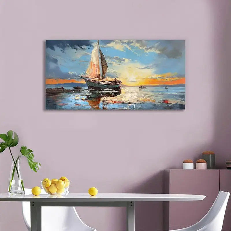 Abstract Grey & Blue Seascape Sailboat Ocean Wall Art canvas office home room framed 80x45cm