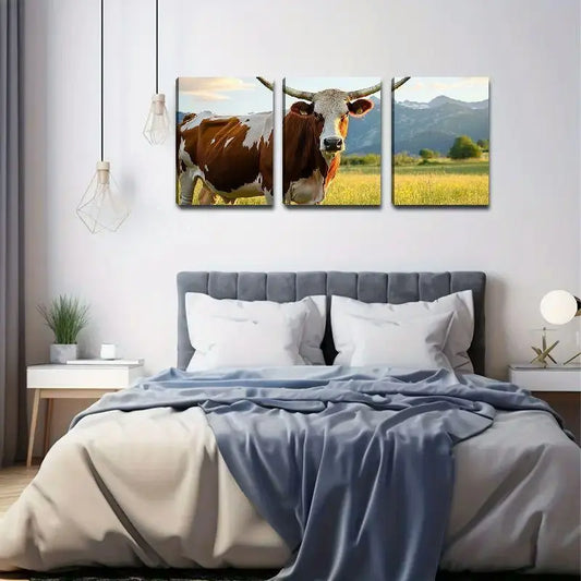 3pcs Classic Glam Cow in Field Painting Metal Print Ready to Hang Art
