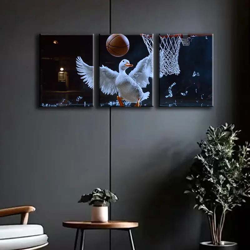 3pcs Whimsical Ducks Playing Basketball Metal Print Ready to Hang Art