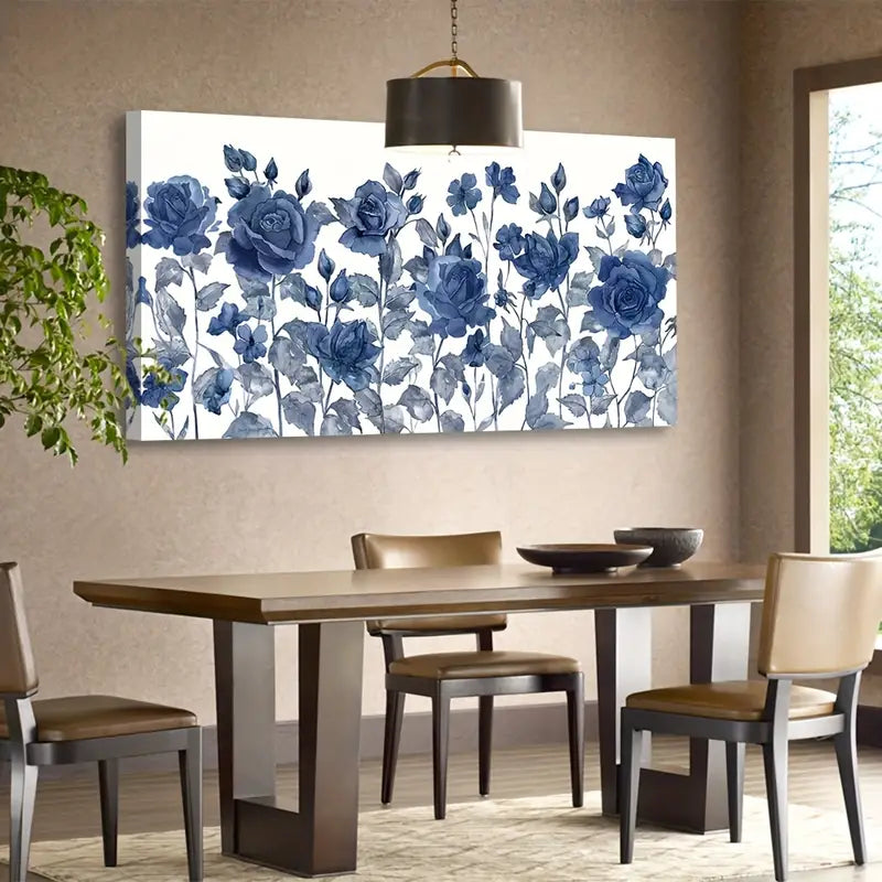 Blue Roses Botanical Blossom Nature Wall Art canvas office home room framed 120x60cm