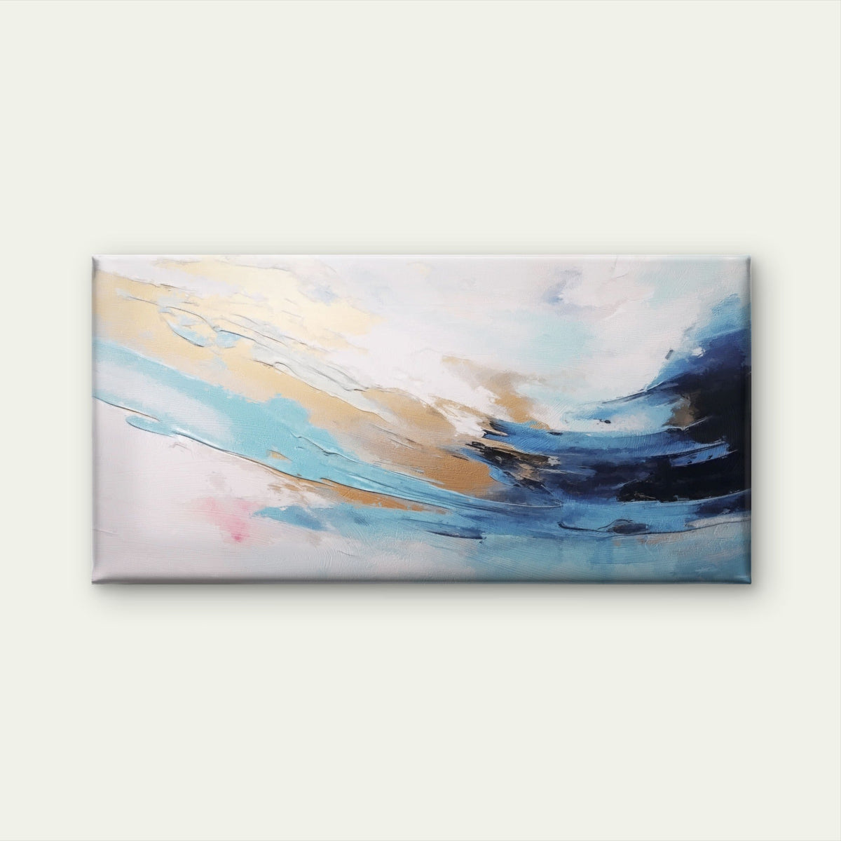 Blue Gold Ocean Swirl Sweep Wall Art Canvas Office Home Room Framed 80x45cm