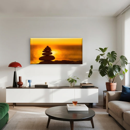 Pebble Pyramid Silhouette Beach Abstract Warm Sunset Wall Art Canvas Office Home Room Framed 80x45cm