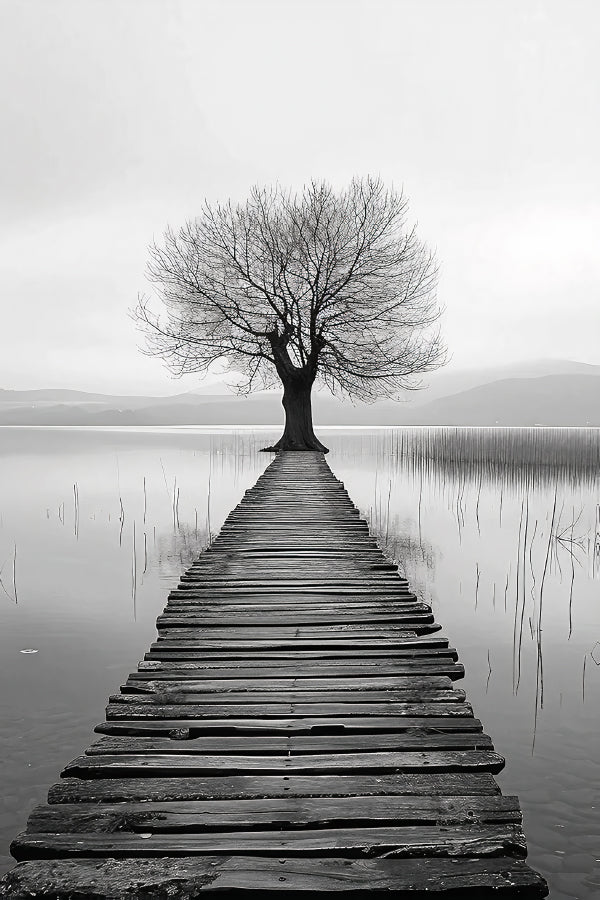 Tree Is Standing on a Pier in The Lake Print 100% Australian Made 40x60cm Stretched Canvas Ready to Hang