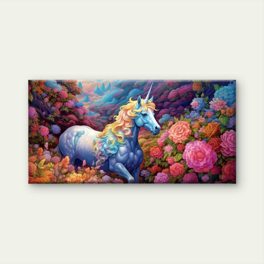 Rainbow Unicorn Floral Forest Fantasy Meadow Wall Art Canvas Office Home Framed 80x45cm