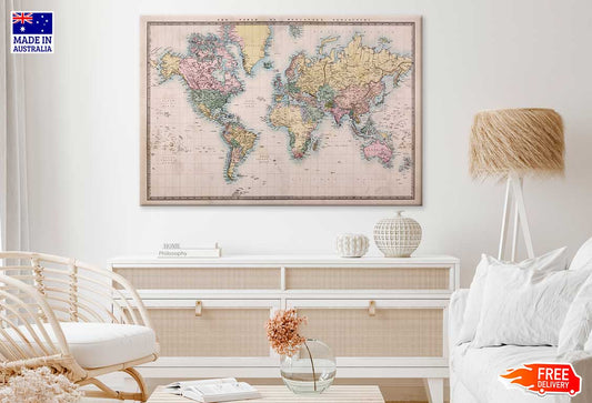 World Map Mercator Projection Print 100% Australian Made Stretched Canvas Ready to Hang - MP-109