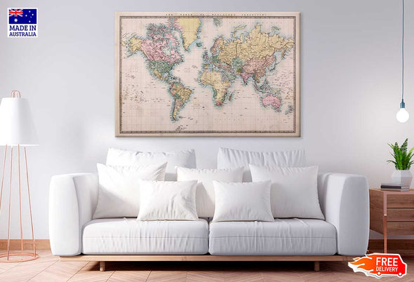 World Map Mercator Projection Print 100% Australian Made Stretched Canvas Ready to Hang - MP-109