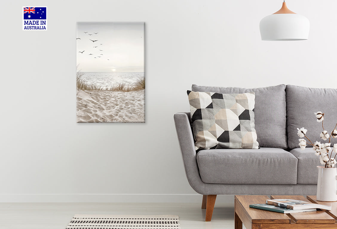 Calm Sunset Beach with Bunch of Bird Print 100% Australian Made 40x60cm Stretched Canvas Ready to Hang