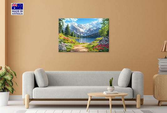 Vibrant Flowers Path with Mountain Lake Print 100% Australian Made 60x40cm Stretched Canvas Ready to Hang