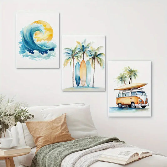 3pcs Beach Ocean & Surfboard Watercolor Metal Print Ready to Hang Art