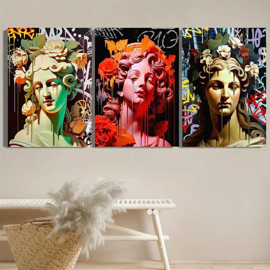 3pcs Ancient Greek Women Street Graffiti Metal Print Ready to Hang Art
