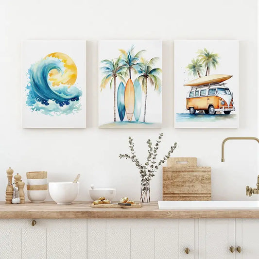3pcs Beach Ocean & Surfboard Watercolor Metal Print Ready to Hang Art