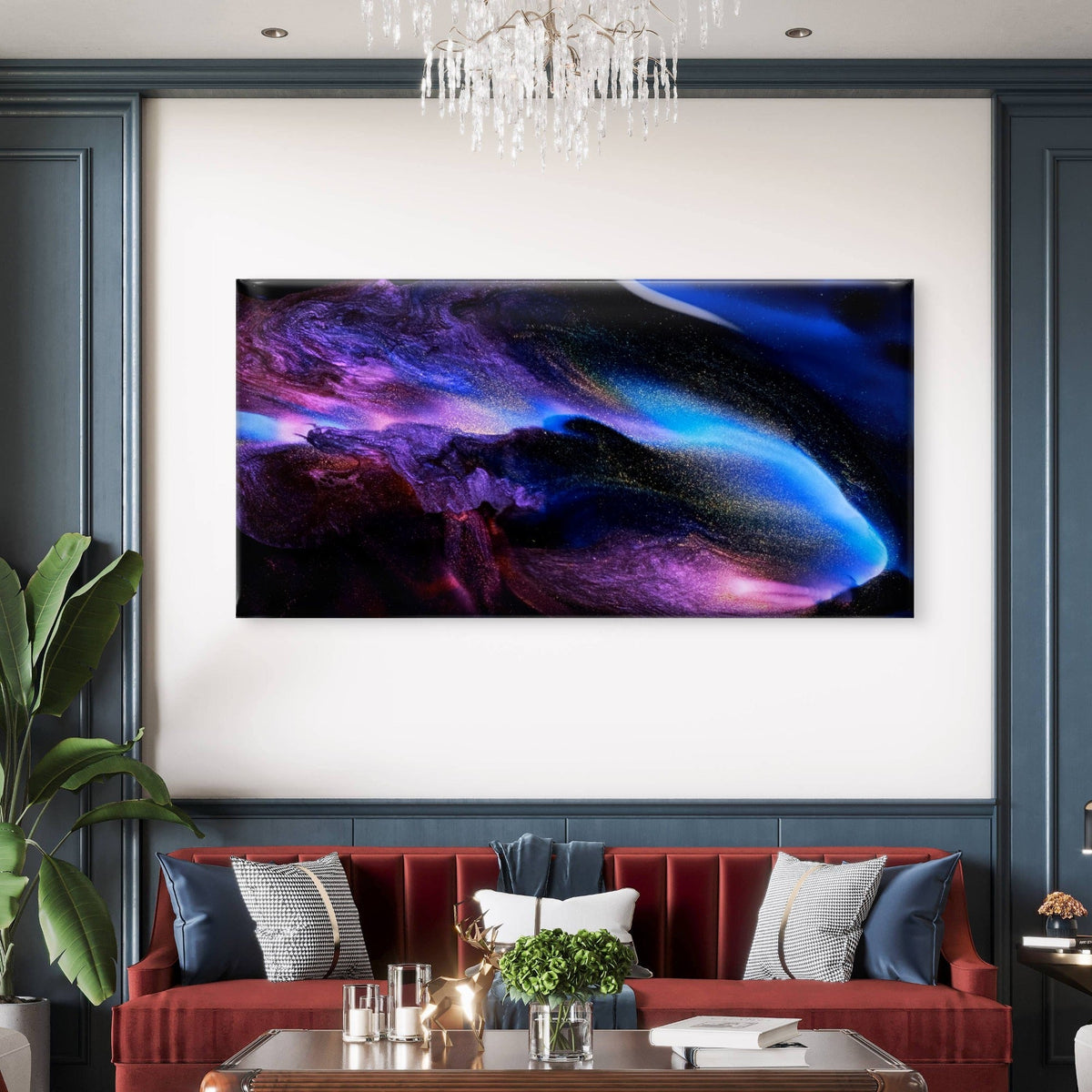 Blue Purple Fluid Abstract Swirl Wall Art Canvas Office Home Room Framed 80x45cm