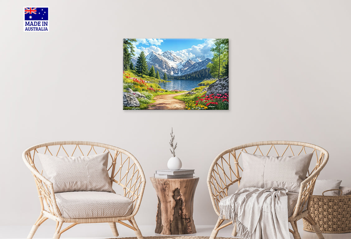 Vibrant Flowers Path with Mountain Lake Print 100% Australian Made 60x40cm Stretched Canvas Ready to Hang