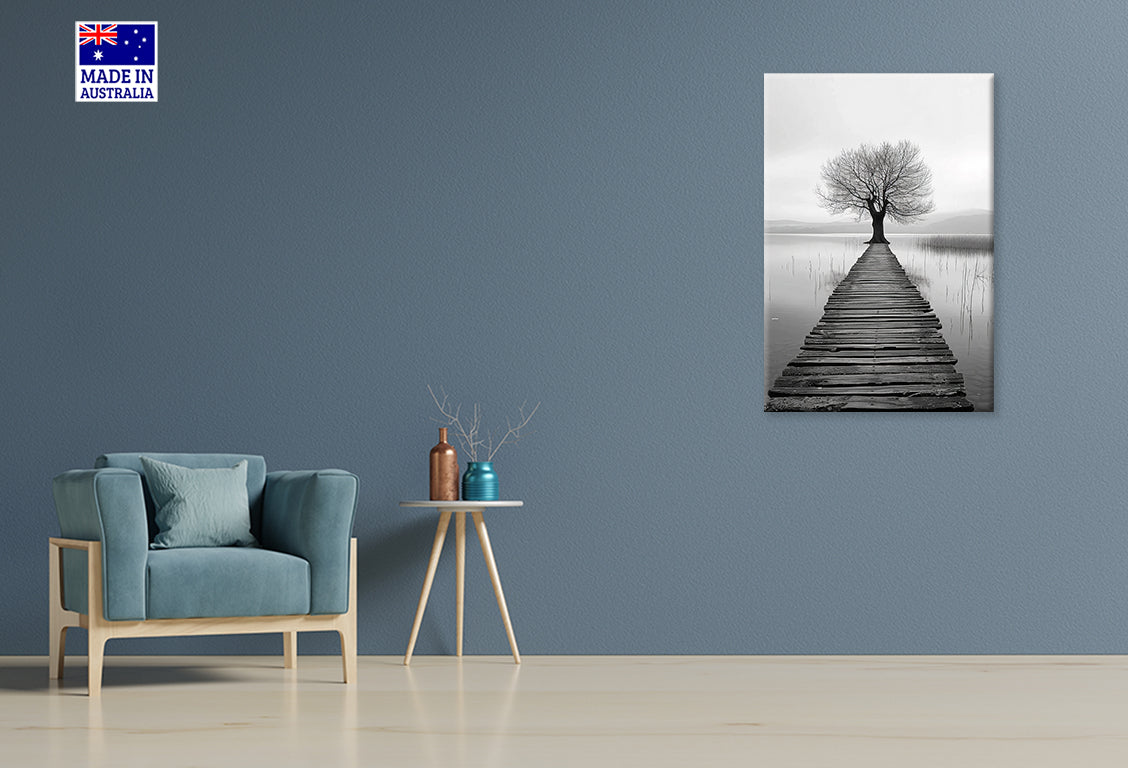 Tree Is Standing on a Pier in The Lake Print 100% Australian Made 40x60cm Stretched Canvas Ready to Hang