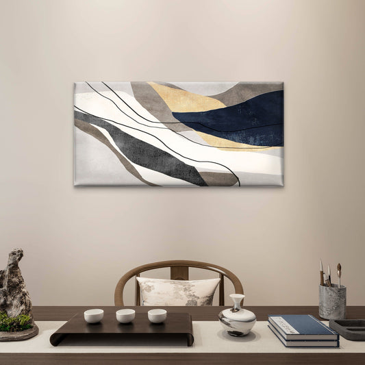 Navy Gold Abstract Flow Shape Wall Art Canvas Office Home Room Framed 80x45cm
