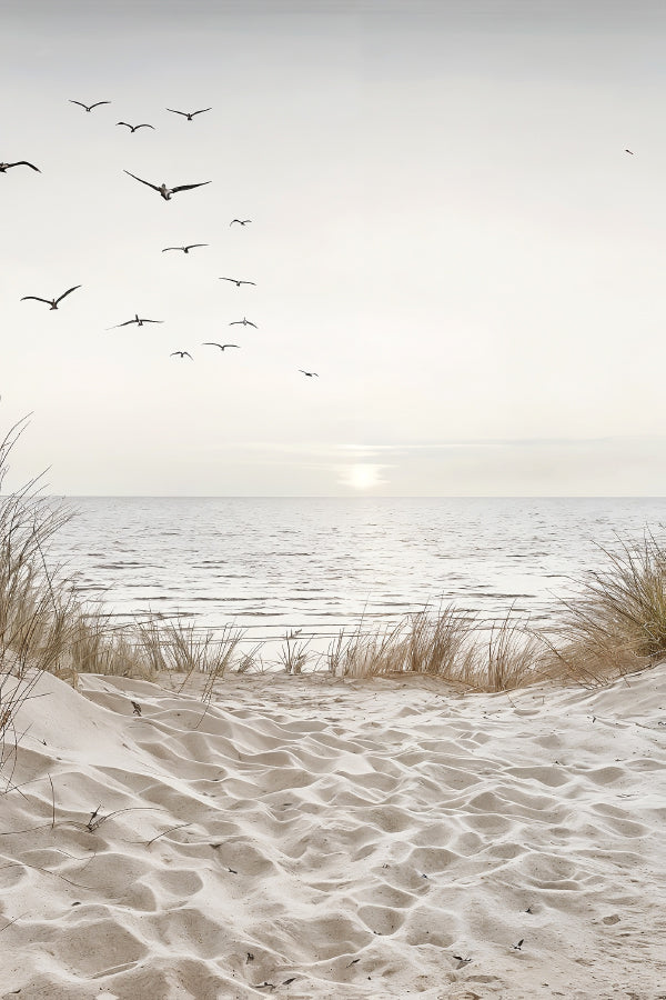 Calm Sunset Beach with Bunch of Bird Print 100% Australian Made 40x60cm Stretched Canvas Ready to Hang