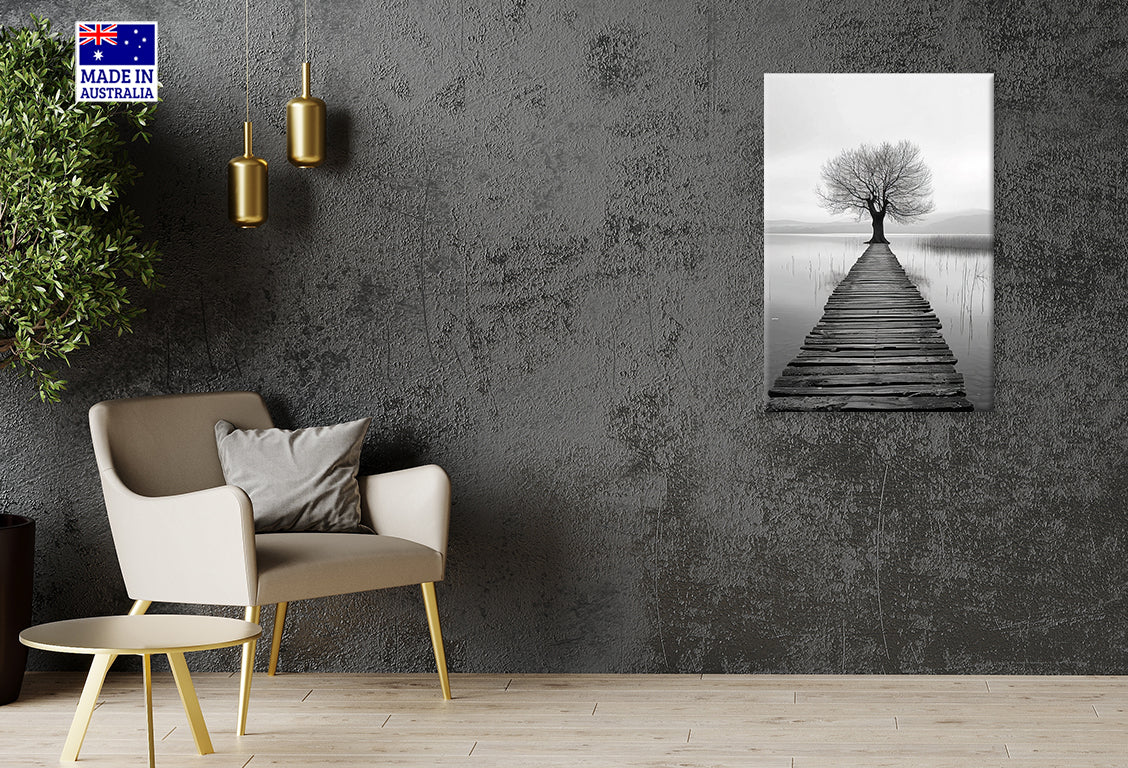 Tree Is Standing on a Pier in The Lake Print 100% Australian Made 40x60cm Stretched Canvas Ready to Hang