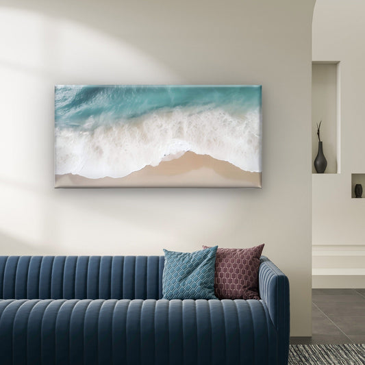 Pastel Blue White Ocean Wave Beach Wall Art Canvas Office Home Framed 80x45cm