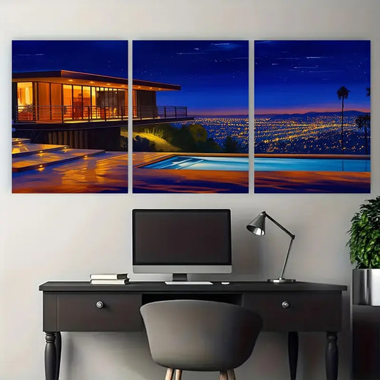 3pcs Palm Trees Pool Vintage Hills City Metal Print Ready to Hang Art