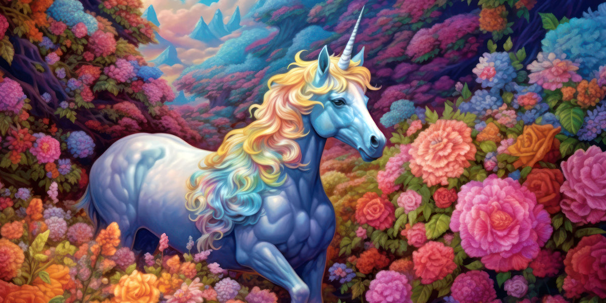 Rainbow Unicorn Floral Forest Fantasy Meadow Wall Art Canvas Office Home Framed 120x60cm