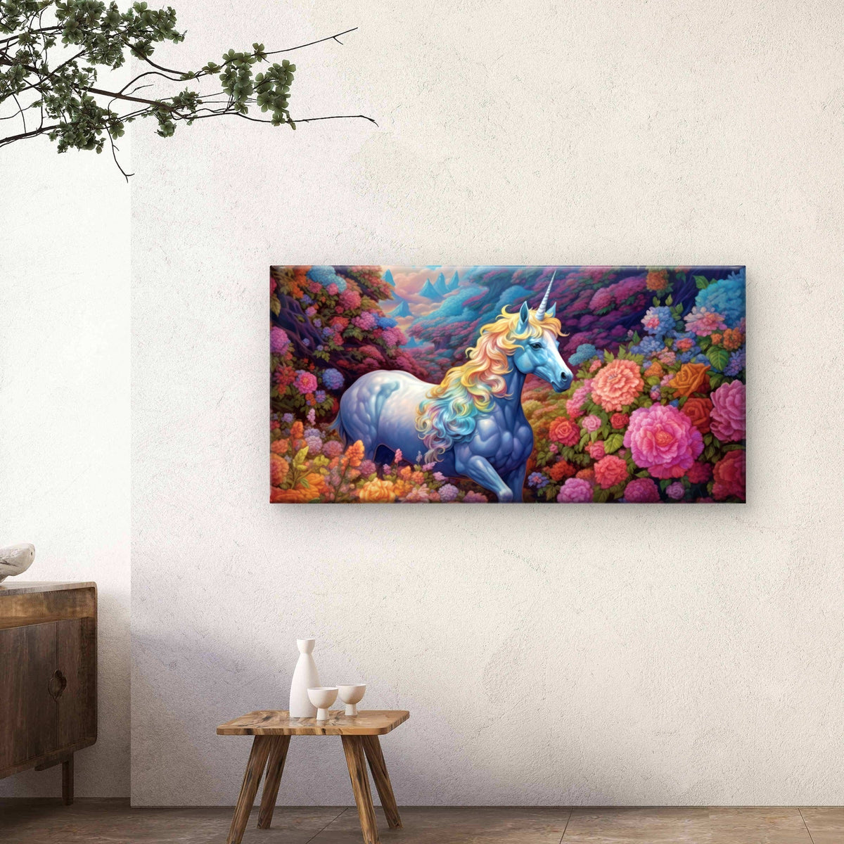 Rainbow Unicorn Floral Forest Fantasy Meadow Wall Art Canvas Office Home Framed 120x60cm