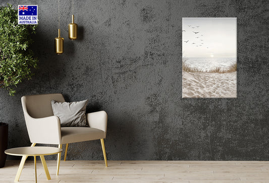 Calm Sunset Beach with Bunch of Bird Print 100% Australian Made 40x60cm Stretched Canvas Ready to Hang