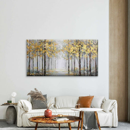 Golden Trees in a Misty Forest Wall Art Canvas Office Home Room Framed 80x45cm