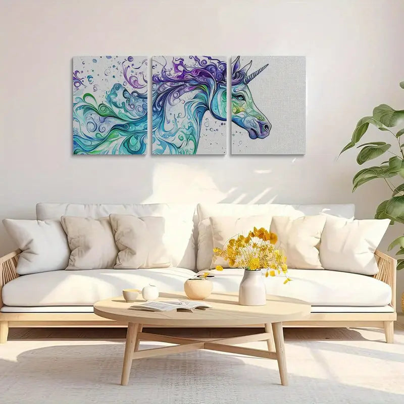 3pcs Vibrant Watercolor Unicorn Blue Line Design Metal Print Ready to Hang Art