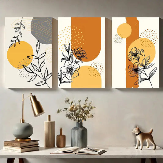 3pcs Abstract Botanical Line Art with Geometric Shapes Metal Print Ready to Hang Art