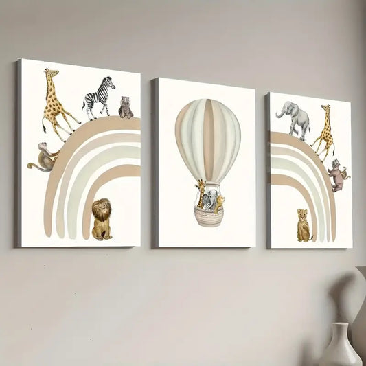 3pcs Modern Fashion Hot Air Balloon Animal Abstract Art Wall Art Set Canvas Framed 40x60cm - High Quality Print 100% Australian Made Wall Canvas Ready to Hang