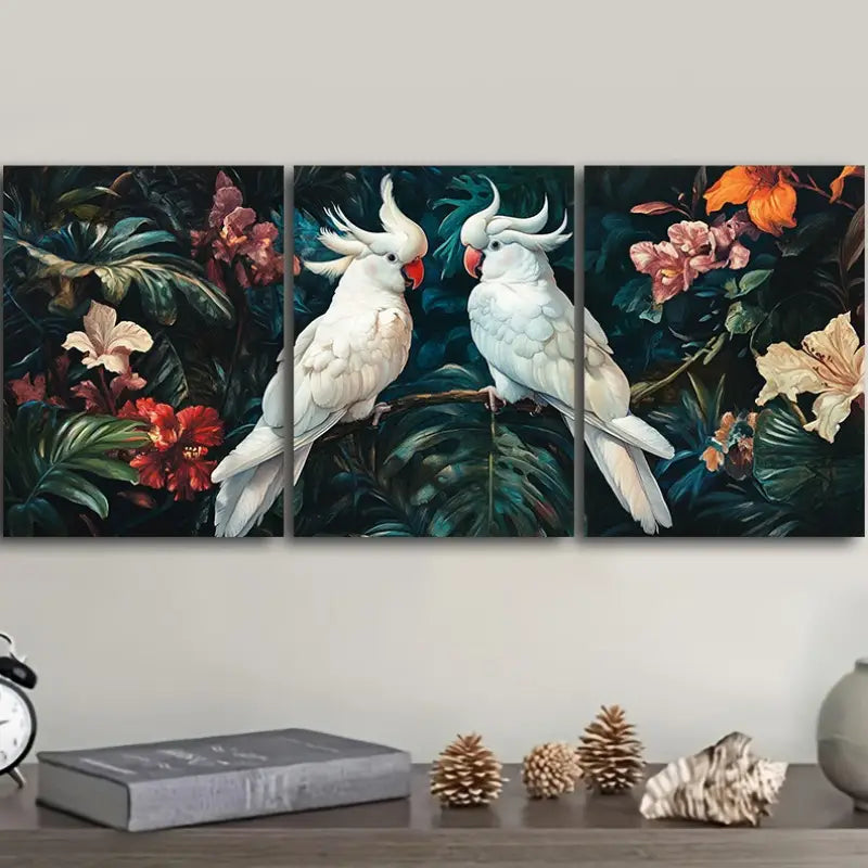 3pcs White Cockatoos & Tropical Flowers Metal Print Ready to Hang Art