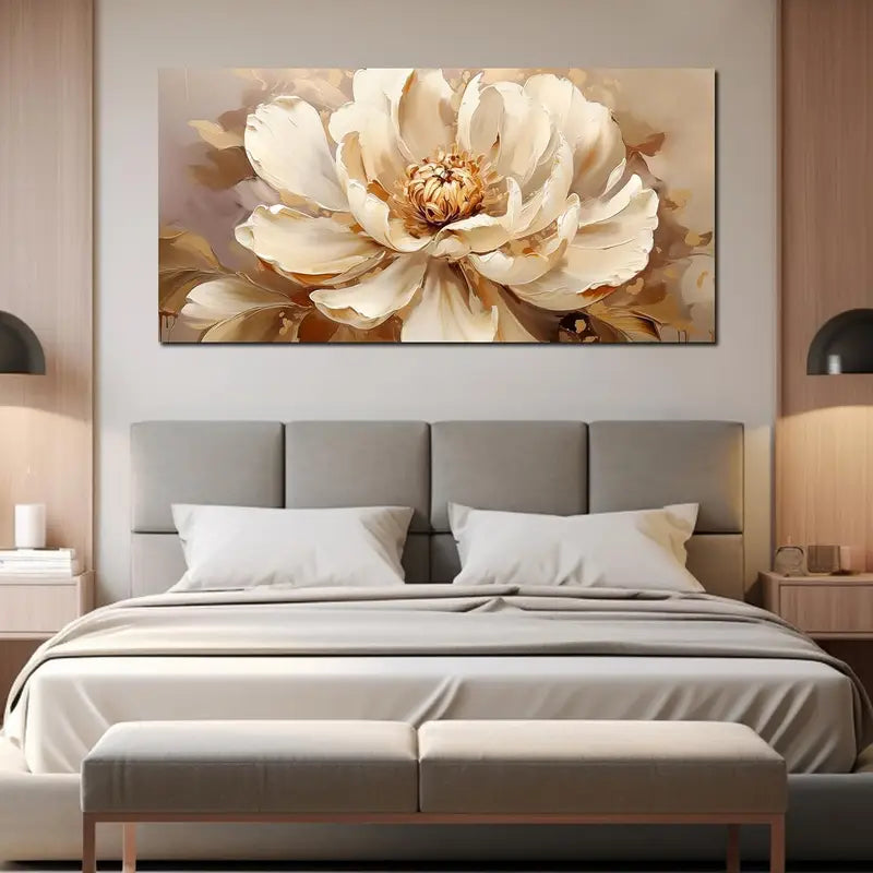 White Floral Beige & Golden Accent Wall Art canvas office home room framed 120x60cm