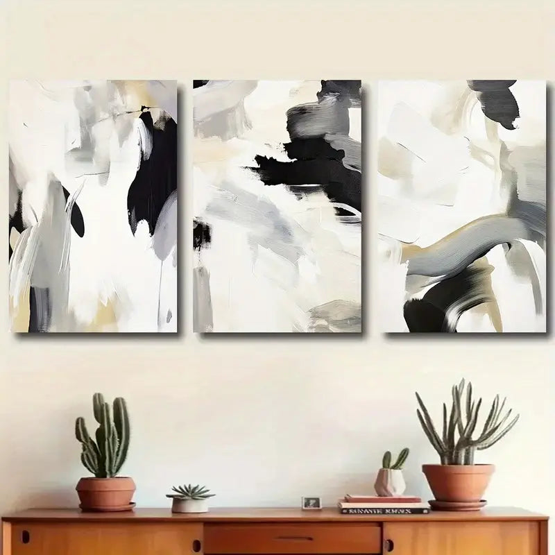 3pcs Bold Brushstrokes in Monochrome Tones Abstract Metal Print Ready to Hang Art