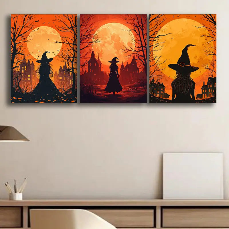 3pcs Witch at Sunset Metal Print Ready to Hang Art