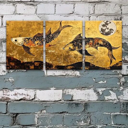 3pcs Goldenfish Contemporary Style Golen Painting Metal Print Ready to Hang Art