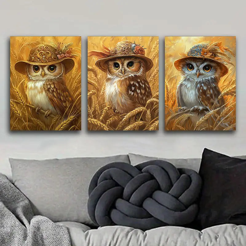 3pcs Featuring a yellow owl Metal Print Ready to Hang Art