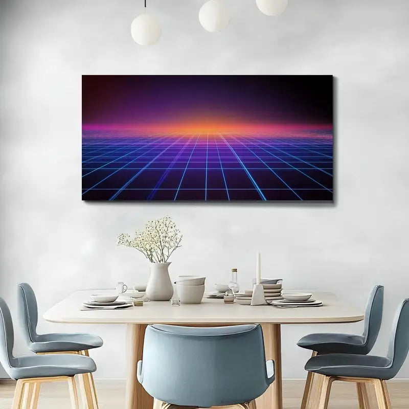 Retro Surface Blue Lines Purple & Orange Wall Art canvas office home room framed 120x60cm