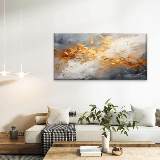 Gold Grey White Abstract Wall Art Canvas Office Home Room Framed 80x45cm