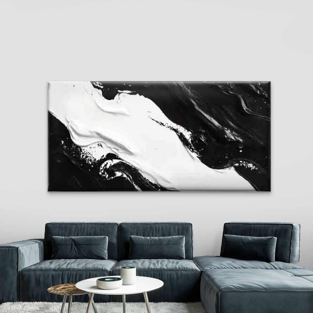 Bold Black & White Waves Design Wall Art Canvas Office Home Room Framed 80x45cm