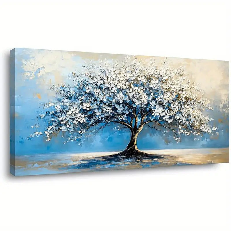 Contemporary Tree Navy Blue White Floral Nature Wall Art canvas office home room framed 120x60cm