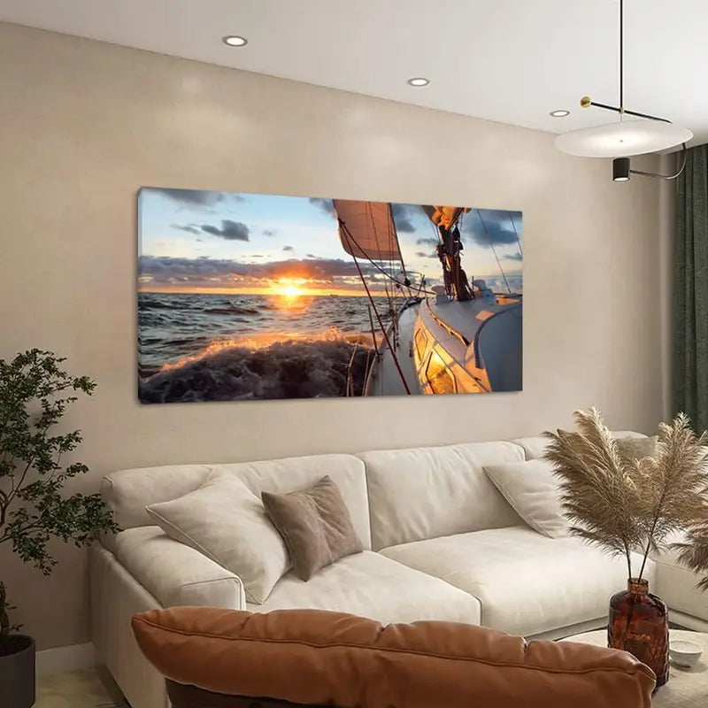 Epic Seascape Sailboat Deck Mast & Sails Sunset Wall Art canvas office home room framed 120x60cm