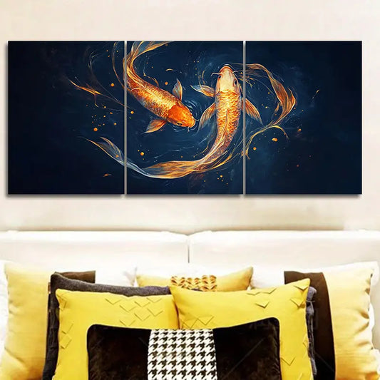 3pcs Vibrant Golden Scales & Long Tail Design Metal Print Ready to Hang Art