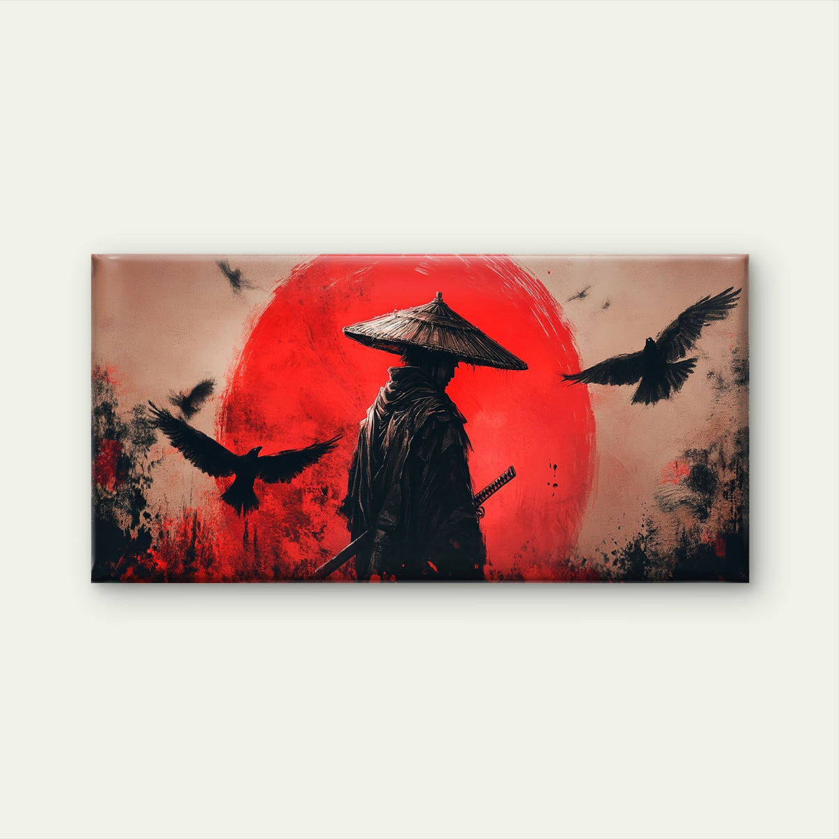 Lone Samurai Against Red Sun Wall Art Canvas Office Home Room Framed 80x45cm