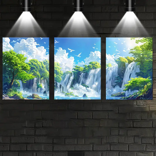 3pcs Elegant Pigeons and Waterfalls Painting Metal Print Ready to Hang Art