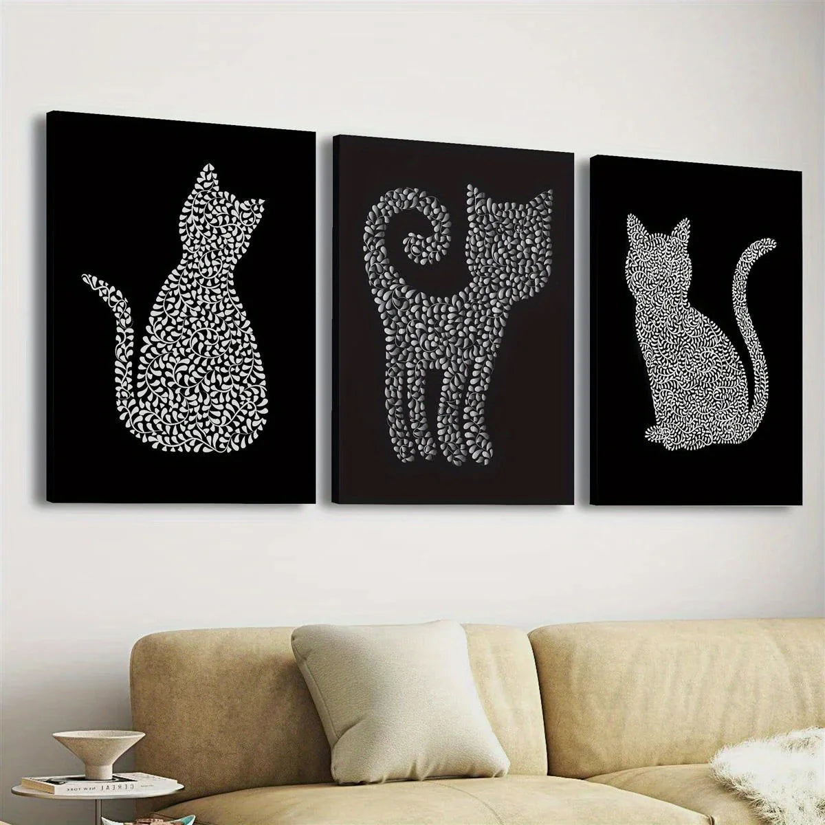 3pcs Featuring Artistic Cat, Showcasing a White Pattern Metal Print Ready to Hang Art