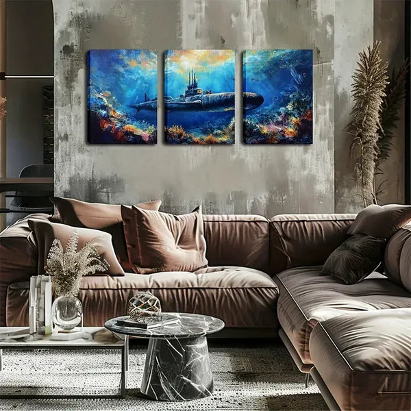 3pcs Submarine in Deep Sea Wall Art Set Canvas Framed 60x90cm - High Quality Print 100% Australian Made Wall Canvas Ready to Hang
