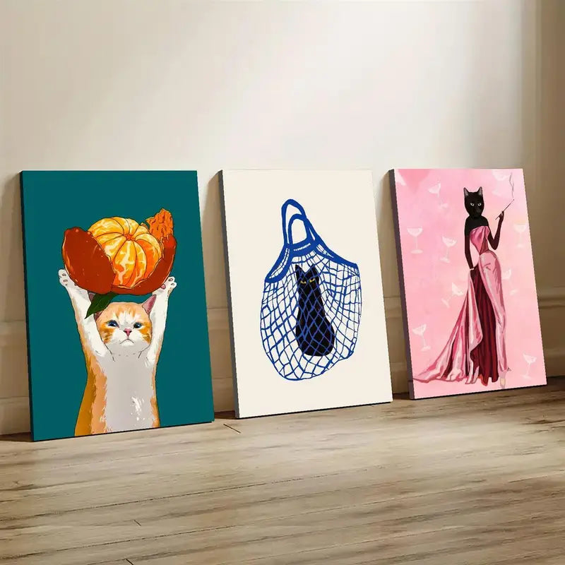 3pcs Ink Animal Cat Vibrant Design Abstract Metal Print Ready to Hang Art