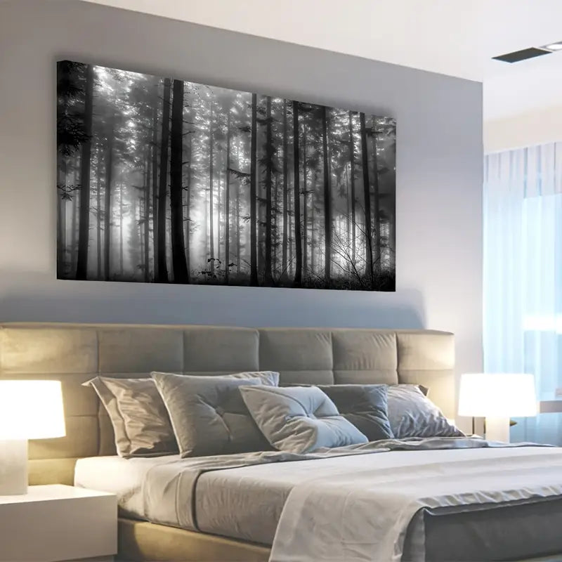 Foggy Forest Black & White Big Trees Wall Art canvas office home room framed 120x60cm