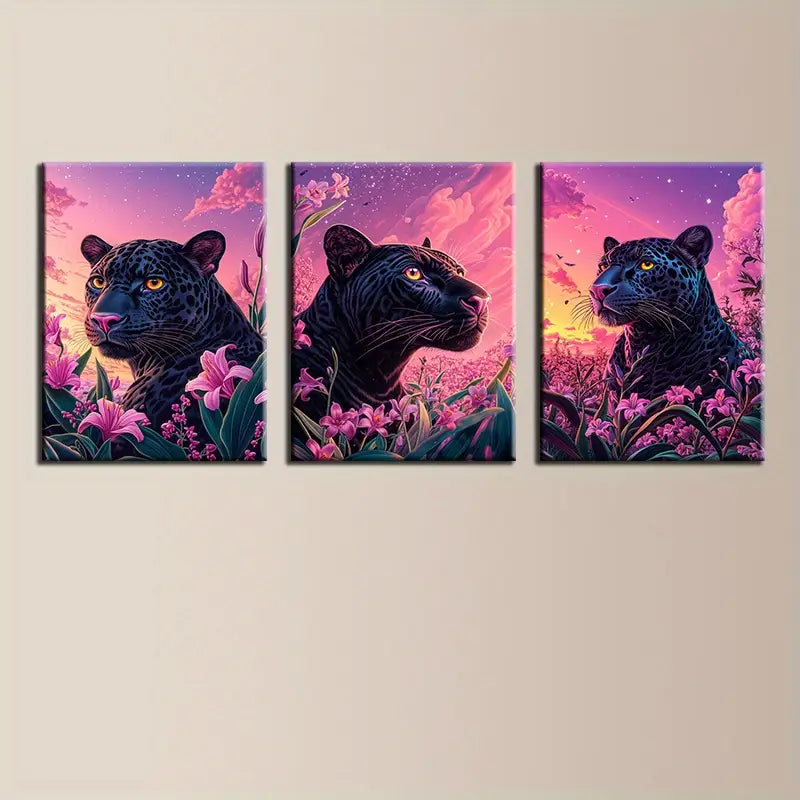 3pcs Watercolor JAGUAR In Lily Of The Valley Pink Metal Print Ready to Hang Art