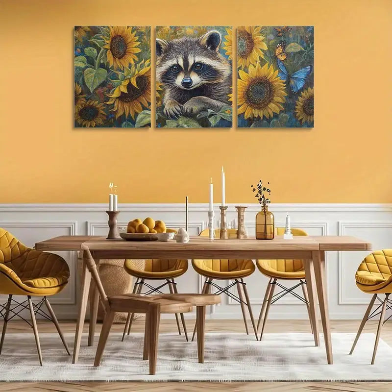 3pcs Contemporary Raccoon & Sunflowers Metal Print Ready to Hang Art
